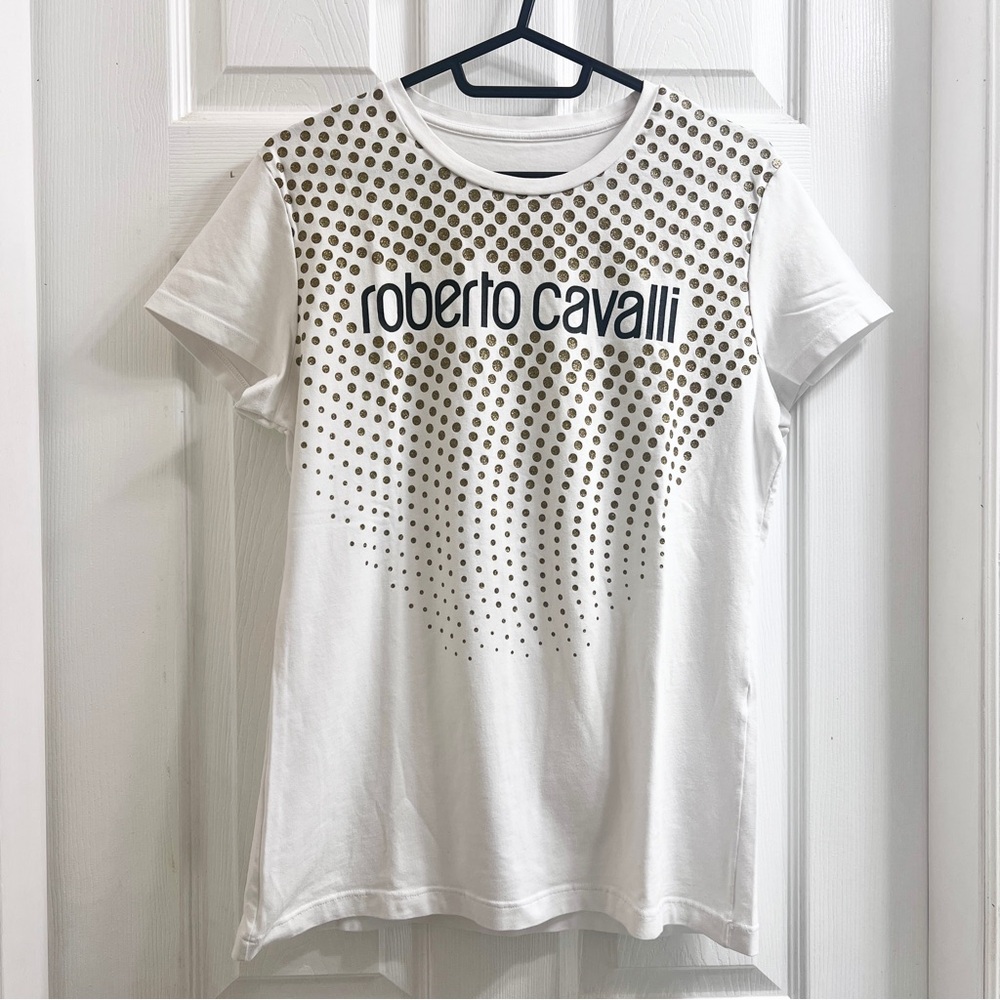 Roberto Cavalli White Short Sleeve Tee Shimmery Gold Polka Dot Circle Accents